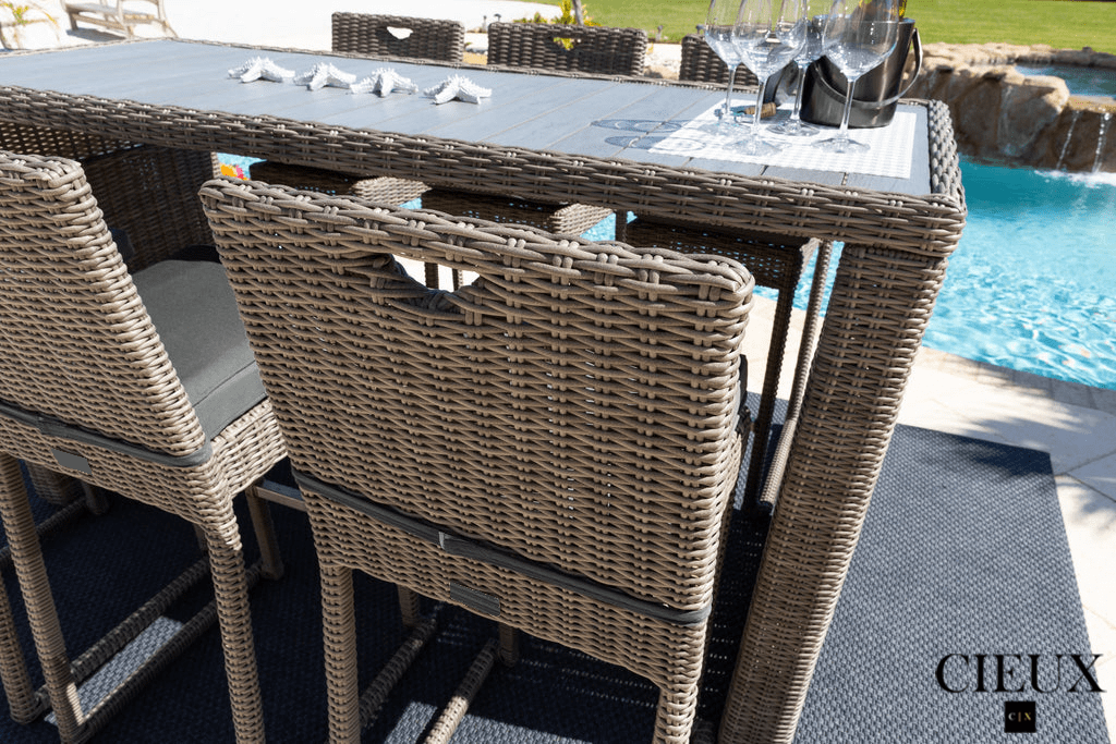 CIEUX Dining Set Riviera Outdoor Patio Wicker Bar Table and 6 Chairs Set in Grey with Sunbrella Canvas Charcoal Cushions