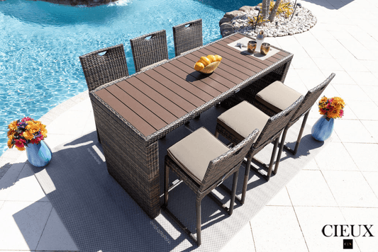 CIEUX Dining Set Valence Outdoor Patio Wicker Bar Table and 6 Chairs Set in Brown with Sunbrella Canvas Taupe Cushions