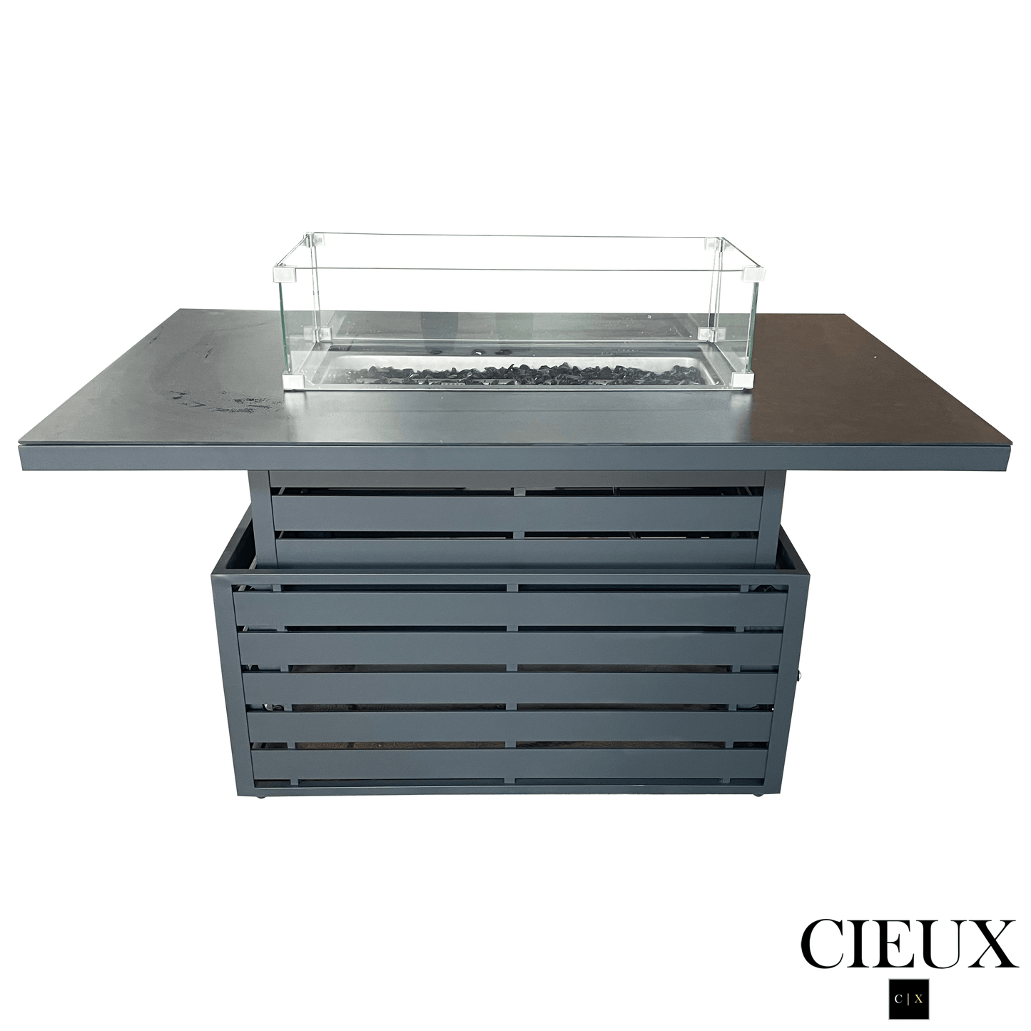 CIEUX Fire Pit Alsace Outdoor Patio Aluminum Metal Rectangle Propane and Natural Gas Fire Pit Adjustable Height Table with Tempered Glass in Midnight Grey