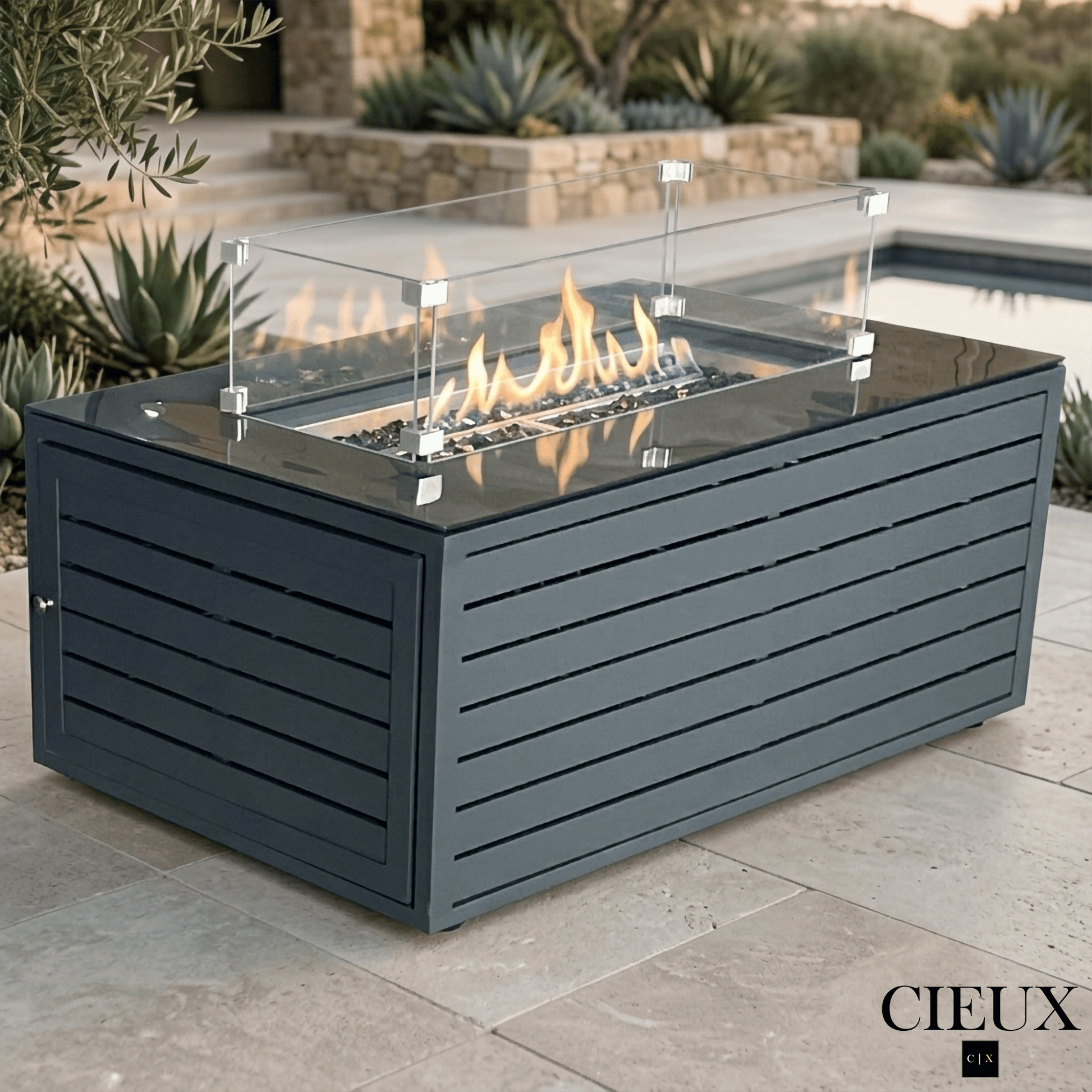 CIEUX Fire Pit Annency Outdoor Patio Aluminum Metal Rectangle Propane and Natural Gas Fire Pit Coffee Table with Tempered Glass in Midnight Grey