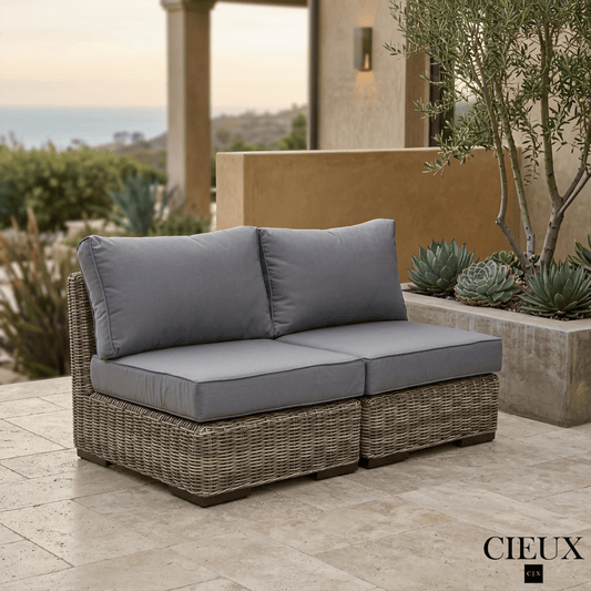 CIEUX Loveseat Champagne Outdoor Patio Wicker Modular Armless Loveseat in Grey with Canvas Charcoal Sunbrella Cushions