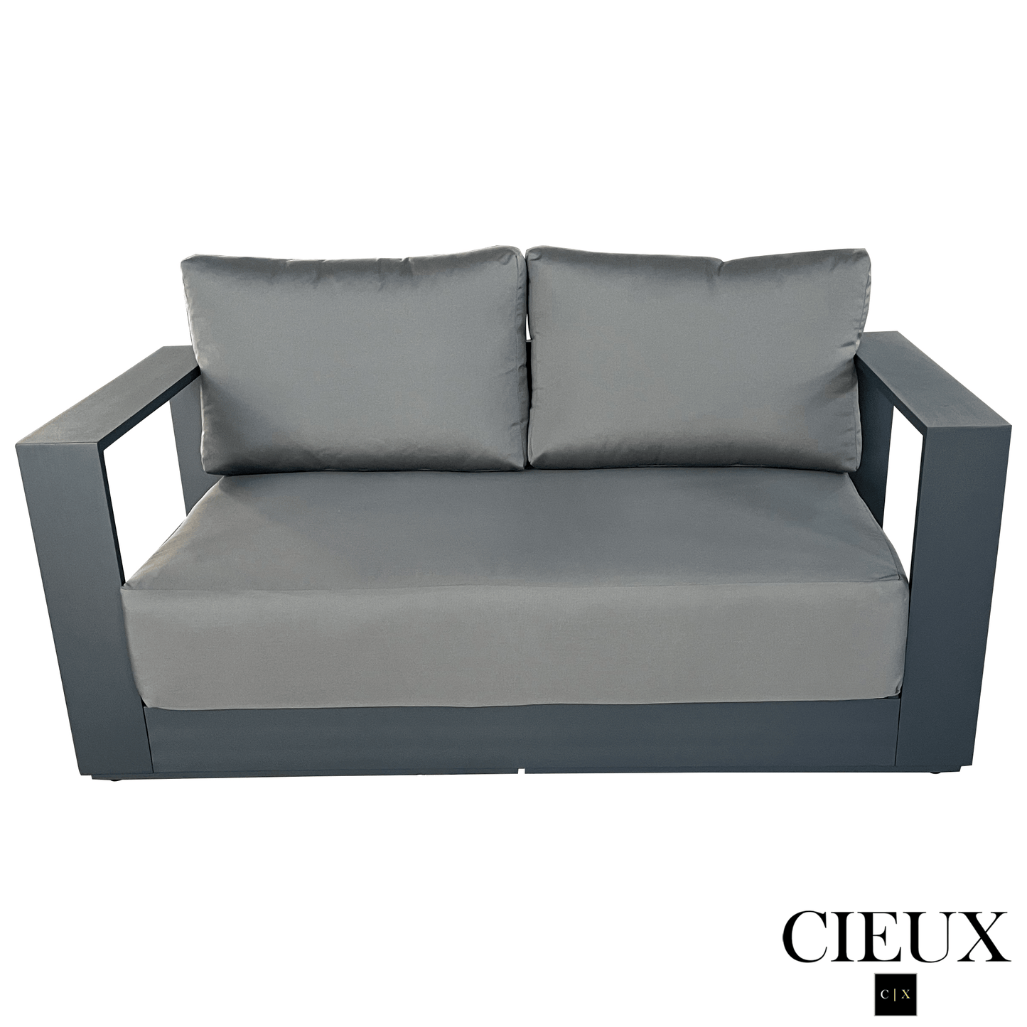 Cieux Loveseat Lyon Outdoor Patio Aluminum Metal Loveseat in Midnight Grey with Sunbrella Cushions in Canvas Charcoal