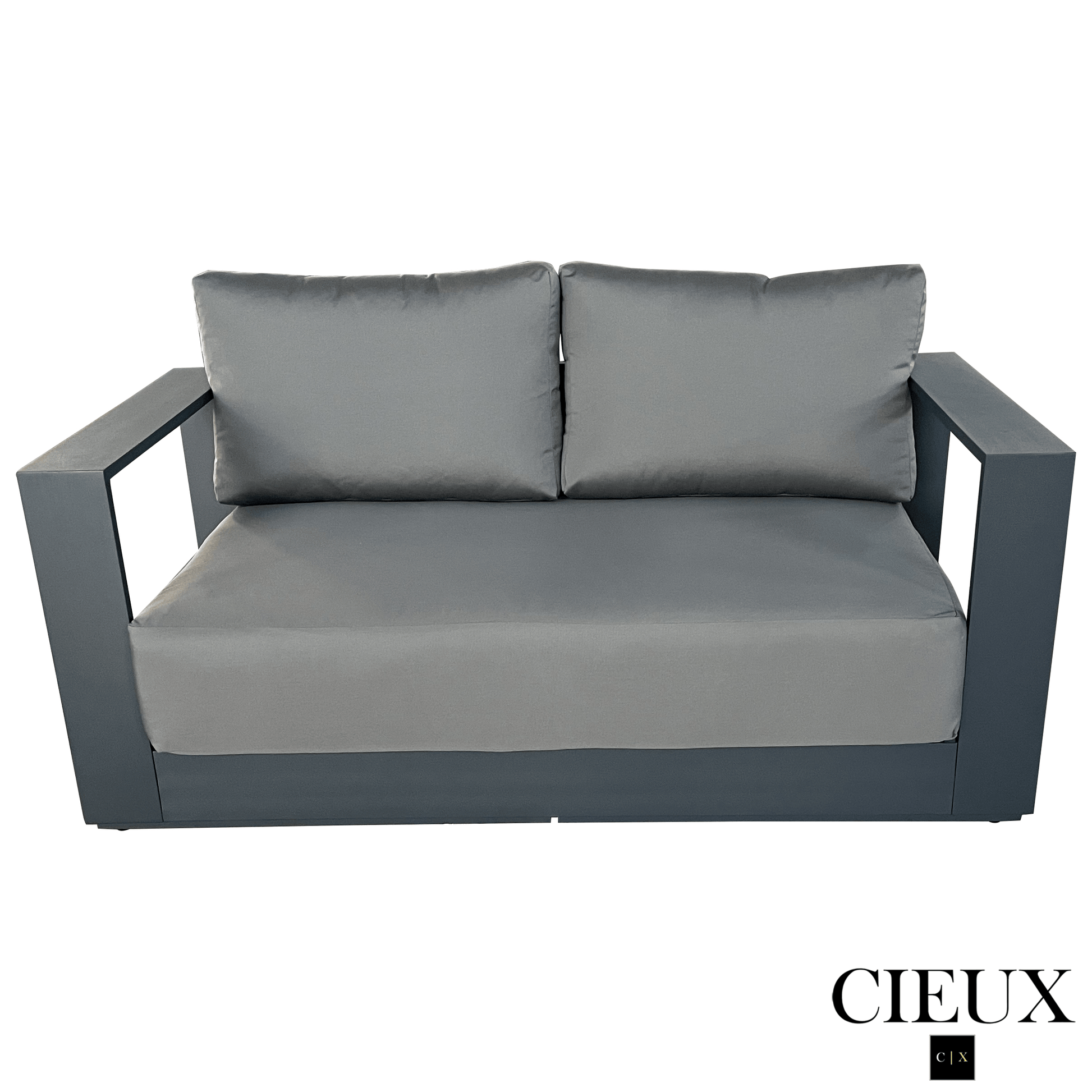 Cieux Loveseat Lyon Outdoor Patio Aluminum Metal Loveseat in Midnight Grey with Sunbrella Cushions in Canvas Charcoal