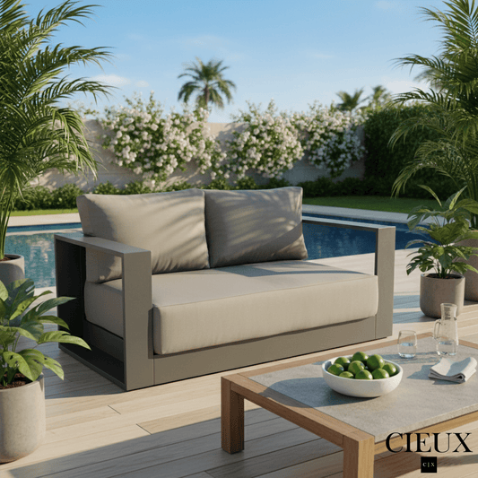 Cieux Loveseat Lyon Outdoor Patio Aluminum Metal Loveseat in Midnight Grey with Sunbrella Cushions in Canvas Charcoal
