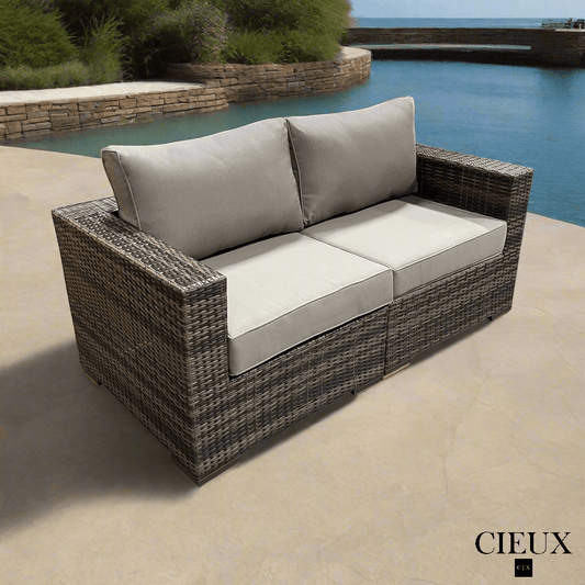 CIEUX Loveseat Valence Outdoor Patio Wicker Loveseat in Brown with Sunbrella Canvas Taupe Cushions