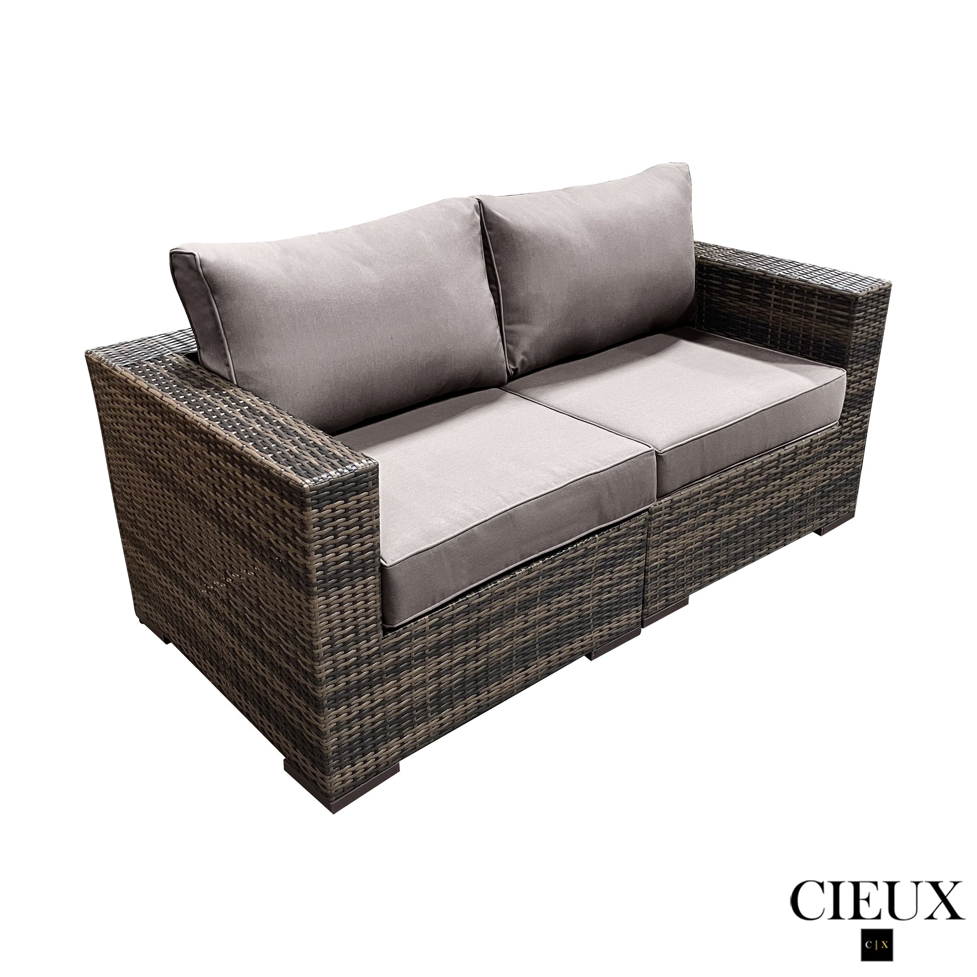 CIEUX Loveseat Valence Outdoor Patio Wicker Loveseat in Brown with Sunbrella Canvas Taupe Cushions