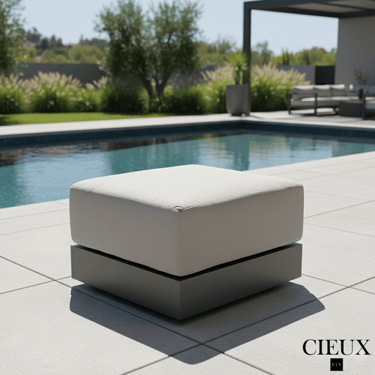 CIEUX Ottoman Lyon Outdoor Patio Aluminum Metal Square Ottoman in Midnight Grey with Sunbrella Cushions in Canvas Charcoal