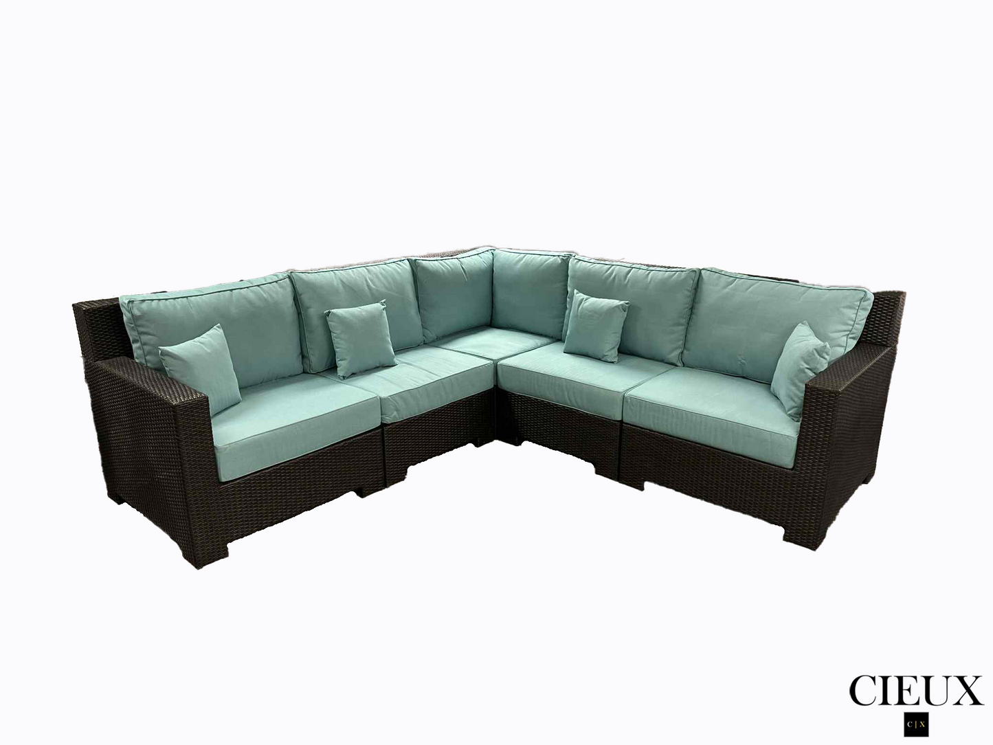 Canapé d'angle modulable en rotin et osier pour patio extérieur Provence en bleu