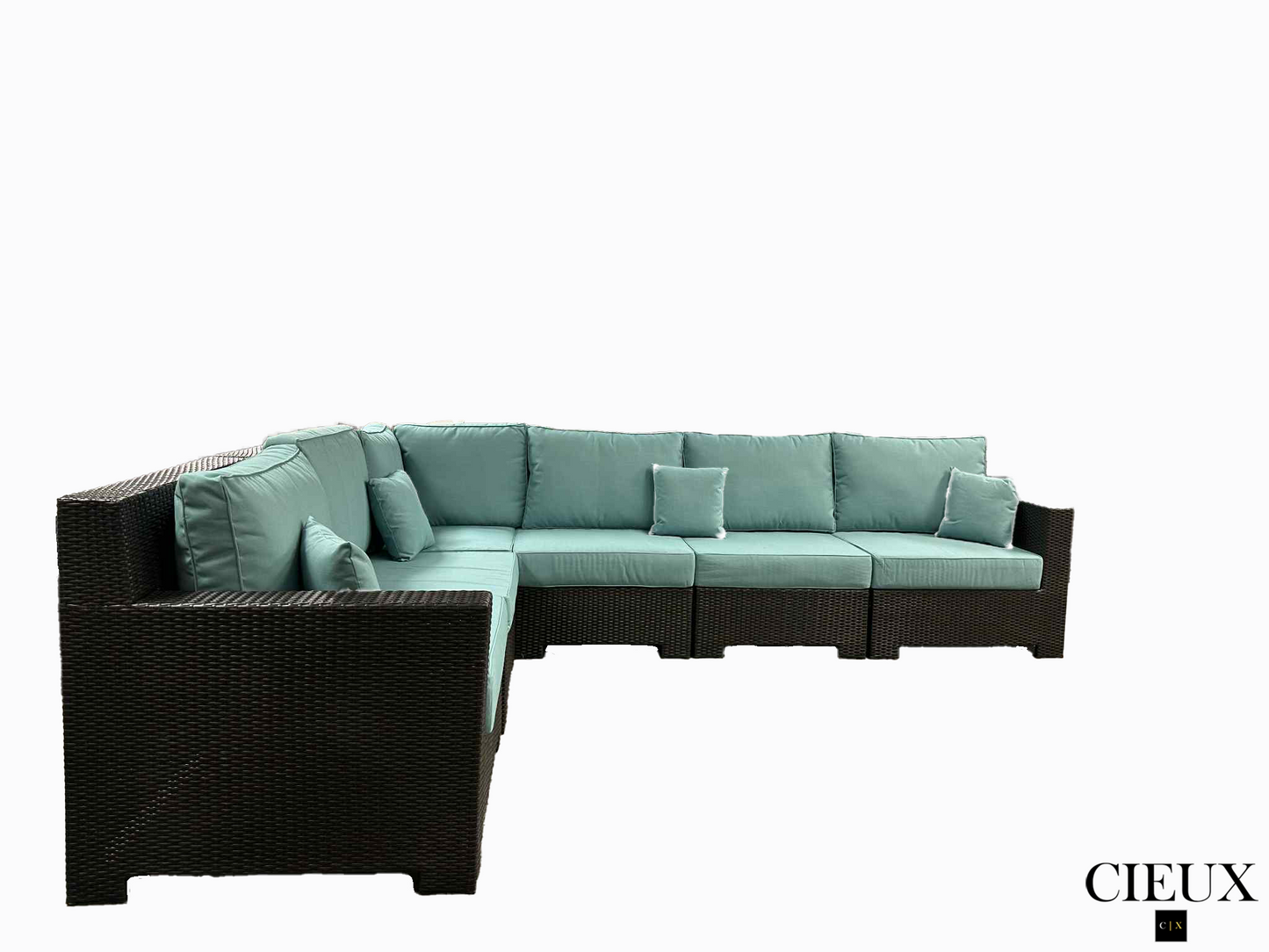 Provence Outdoor Patio Wicker Rattan Modular L-Shaped Sectional Sofa in Blue