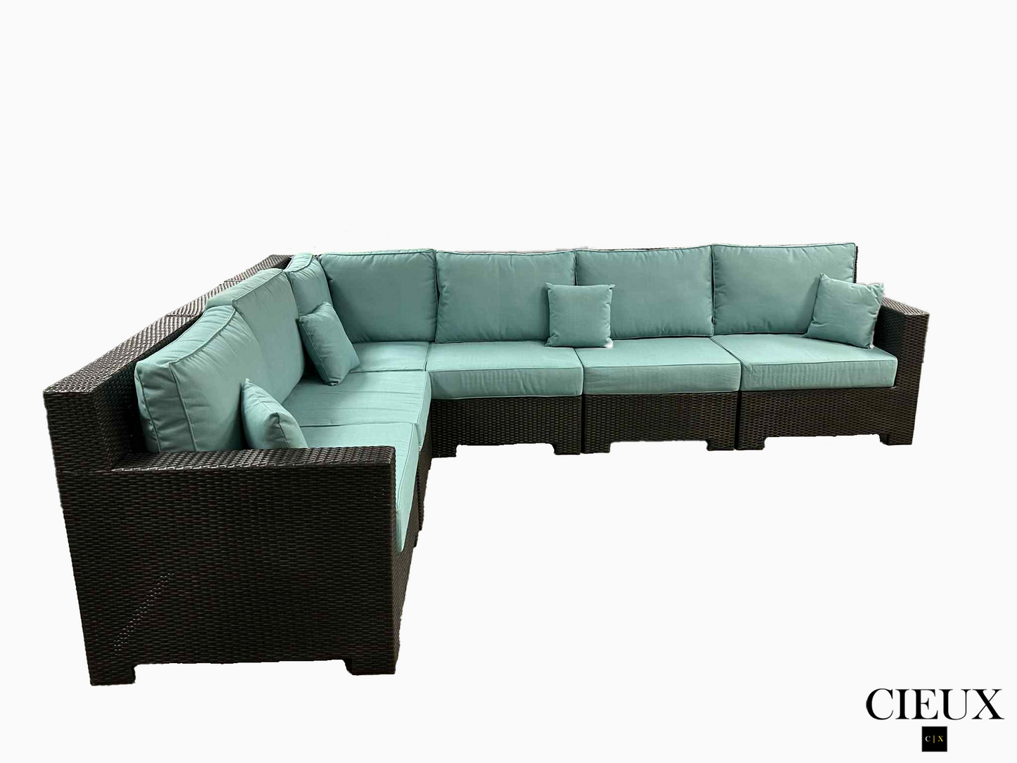 Provence Outdoor Patio Wicker Rattan Modular L-Shaped Sectional Sofa in Blue