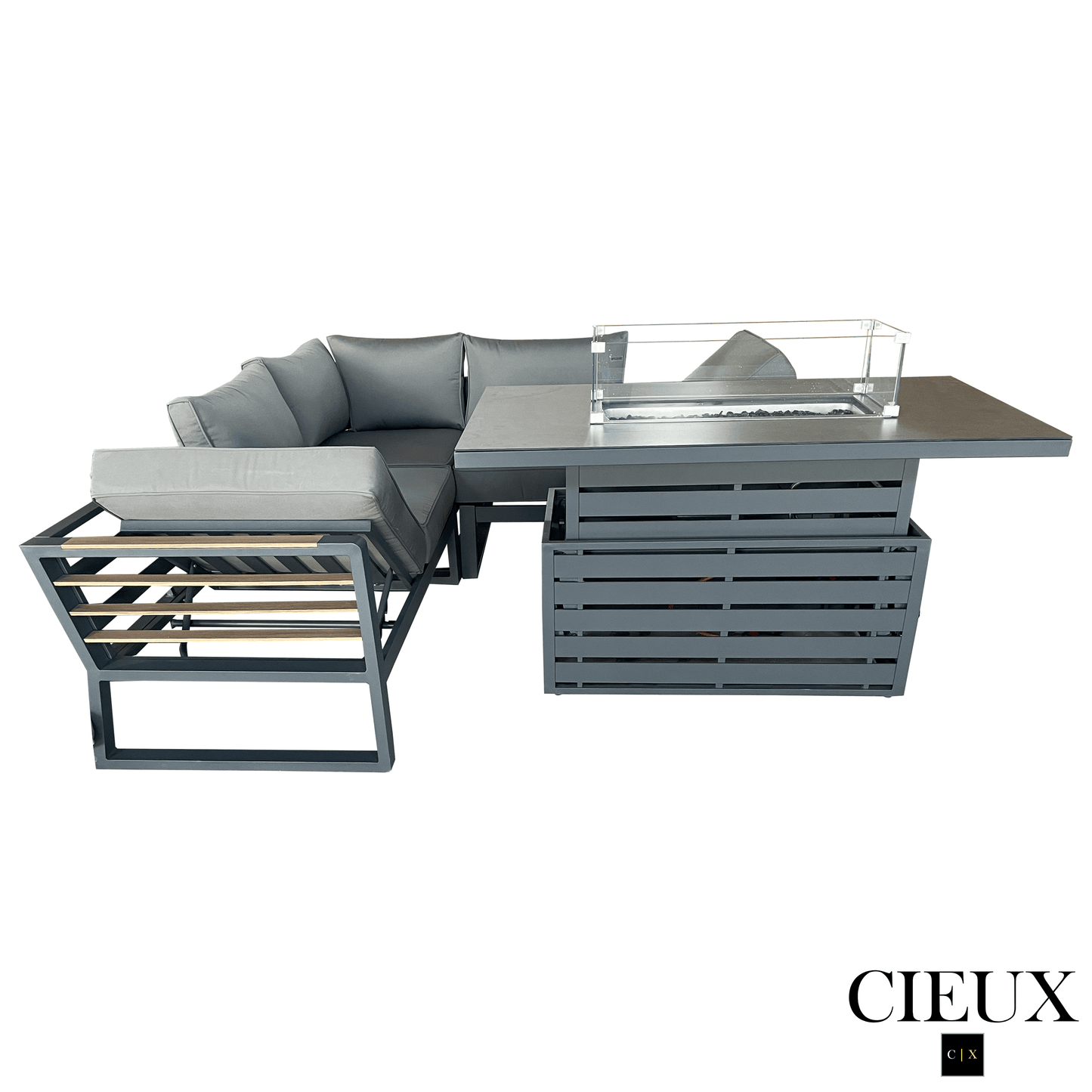 CIEUX Sectional Avignon 2 Piece Outdoor Patio Aluminum Metal Corner Sectional Sofa with Adjustable Seats Set and Alsace Fire Pit Adjustable Height Table in Midnight Grey with Sunbrella Cushions in Canvas Charcoal