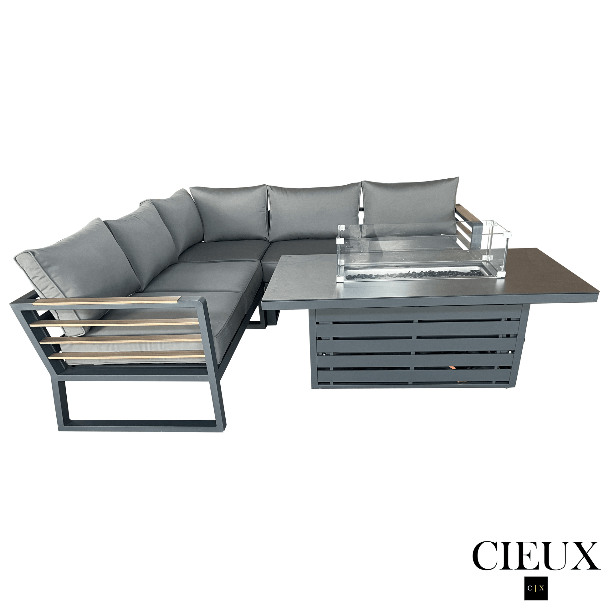 CIEUX Sectional Avignon 2 Piece Outdoor Patio Aluminum Metal Corner Sectional Sofa with Adjustable Seats Set and Alsace Fire Pit Adjustable Height Table in Midnight Grey with Sunbrella Cushions in Canvas Charcoal