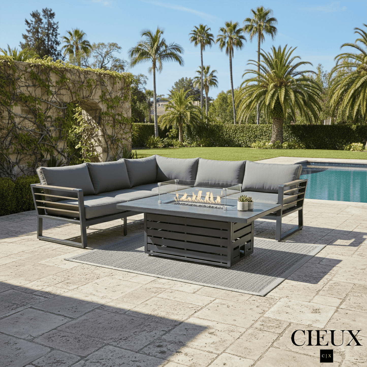 CIEUX Avignon 2 Piece Outdoor Patio Aluminum Metal Corner Sectional Sofa with Adjustable Seats Set and Alsace Fire Pit Adjustable Height Table in Midnight Grey with Sunbrella Cushions in Canvas Charcoal, image 1