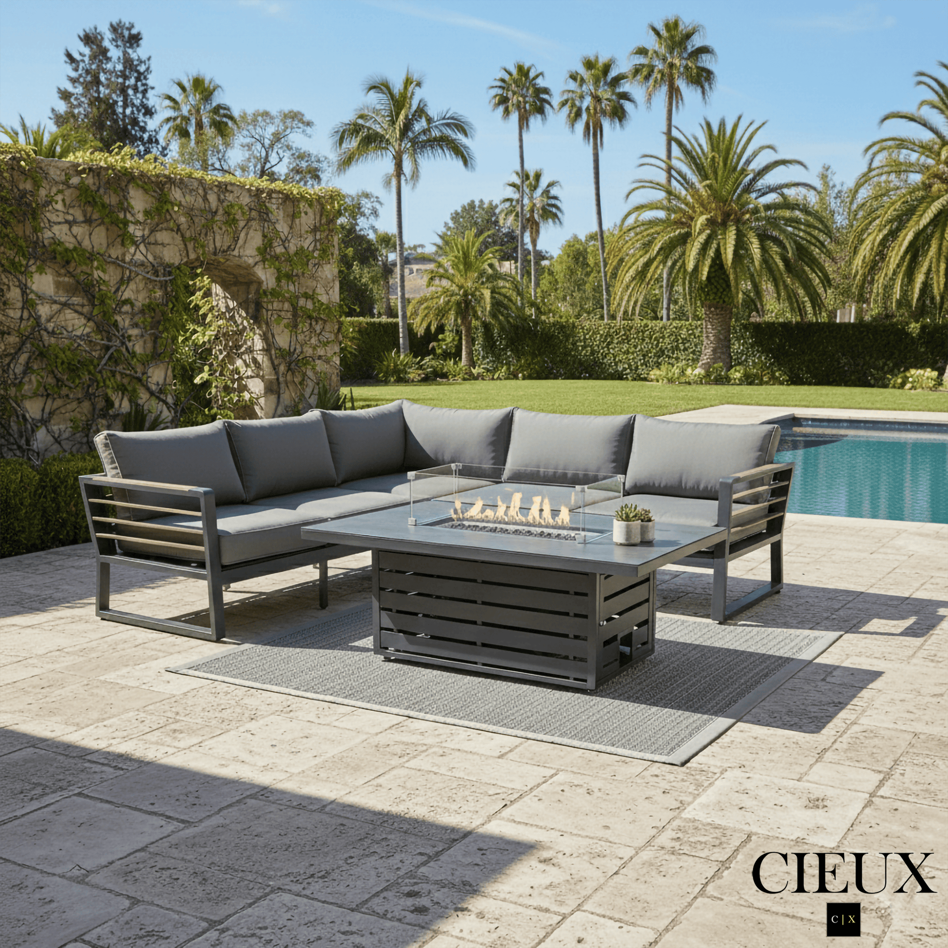 CIEUX Avignon 2 Piece Outdoor Patio Aluminum Metal Corner Sectional Sofa with Adjustable Seats Set and Alsace Fire Pit Adjustable Height Table in Midnight Grey with Sunbrella Cushions in Canvas Charcoal, image 1
