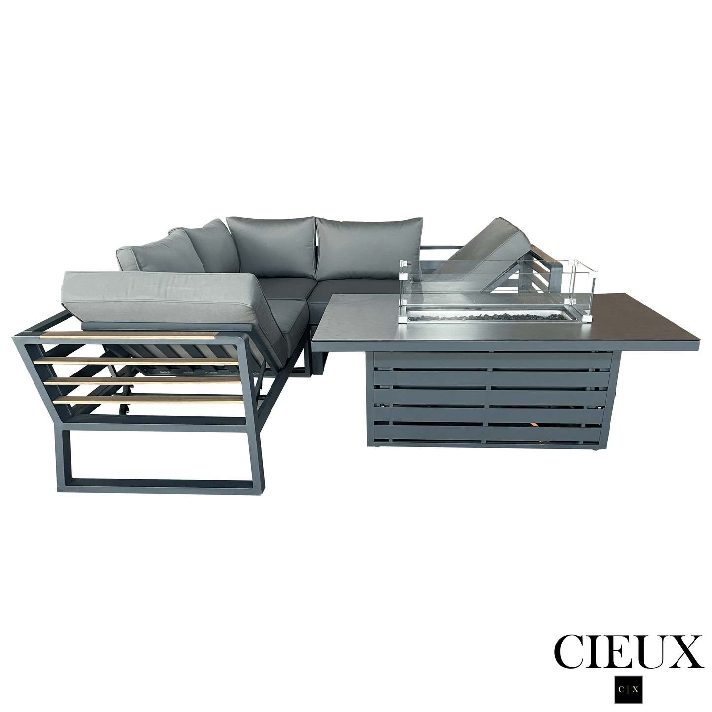 CIEUX Sectional Avignon 2 Piece Outdoor Patio Aluminum Metal Corner Sectional Sofa with Adjustable Seats Set and Alsace Fire Pit Adjustable Height Table in Midnight Grey with Sunbrella Cushions in Canvas Charcoal