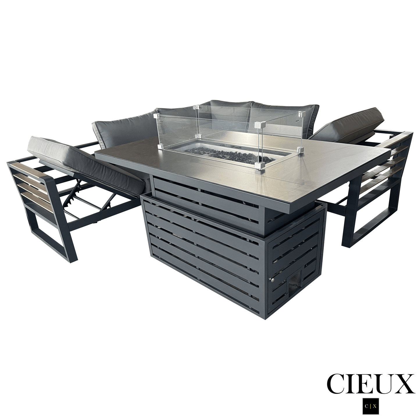 CIEUX Sectional Avignon 2 Piece Outdoor Patio Aluminum Metal Corner Sectional Sofa with Adjustable Seats Set and Alsace Fire Pit Adjustable Height Table in Midnight Grey with Sunbrella Cushions in Canvas Charcoal