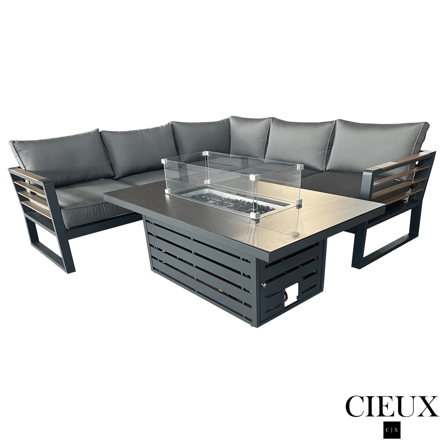 CIEUX Sectional Avignon 2 Piece Outdoor Patio Aluminum Metal Corner Sectional Sofa with Adjustable Seats Set and Alsace Fire Pit Adjustable Height Table in Midnight Grey with Sunbrella Cushions in Canvas Charcoal