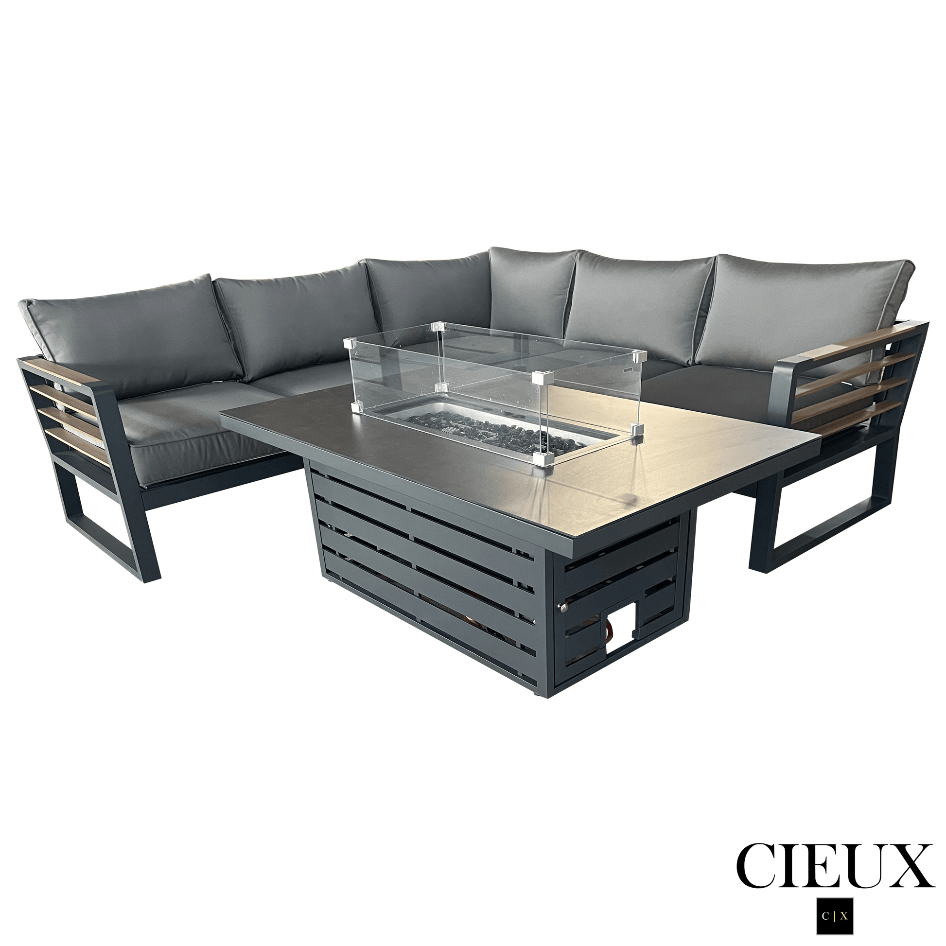CIEUX Sectional Avignon 2 Piece Outdoor Patio Aluminum Metal Corner Sectional Sofa with Adjustable Seats Set and Alsace Fire Pit Adjustable Height Table in Midnight Grey with Sunbrella Cushions in Canvas Charcoal