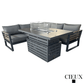 CIEUX Sectional Avignon 2 Piece Outdoor Patio Aluminum Metal Corner Sectional Sofa with Adjustable Seats Set and Alsace Fire Pit Adjustable Height Table in Midnight Grey with Sunbrella Cushions in Canvas Charcoal