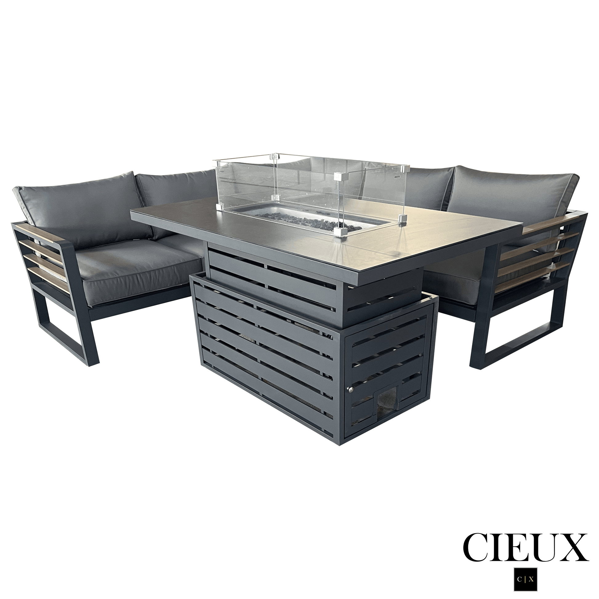 CIEUX Sectional Avignon 2 Piece Outdoor Patio Aluminum Metal Corner Sectional Sofa with Adjustable Seats Set and Alsace Fire Pit Adjustable Height Table in Midnight Grey with Sunbrella Cushions in Canvas Charcoal