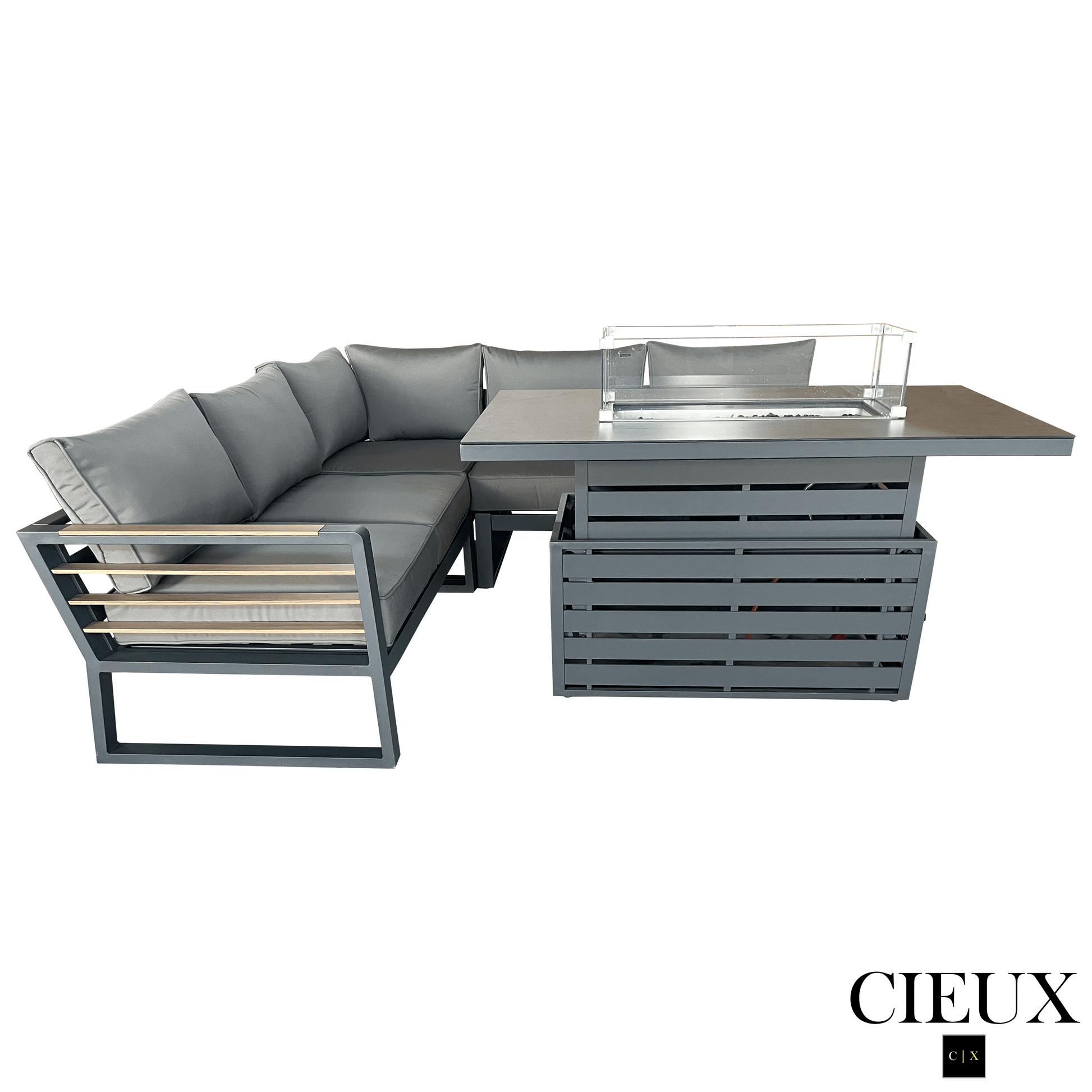 CIEUX Sectional Avignon 2 Piece Outdoor Patio Aluminum Metal Corner Sectional Sofa with Adjustable Seats Set and Alsace Fire Pit Adjustable Height Table in Midnight Grey with Sunbrella Cushions in Canvas Charcoal