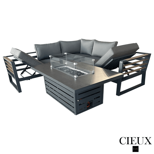 CIEUX Sectional Avignon 2 Piece Outdoor Patio Aluminum Metal Corner Sectional Sofa with Adjustable Seats Set and Alsace Fire Pit Adjustable Height Table in Midnight Grey with Sunbrella Cushions in Canvas Charcoal