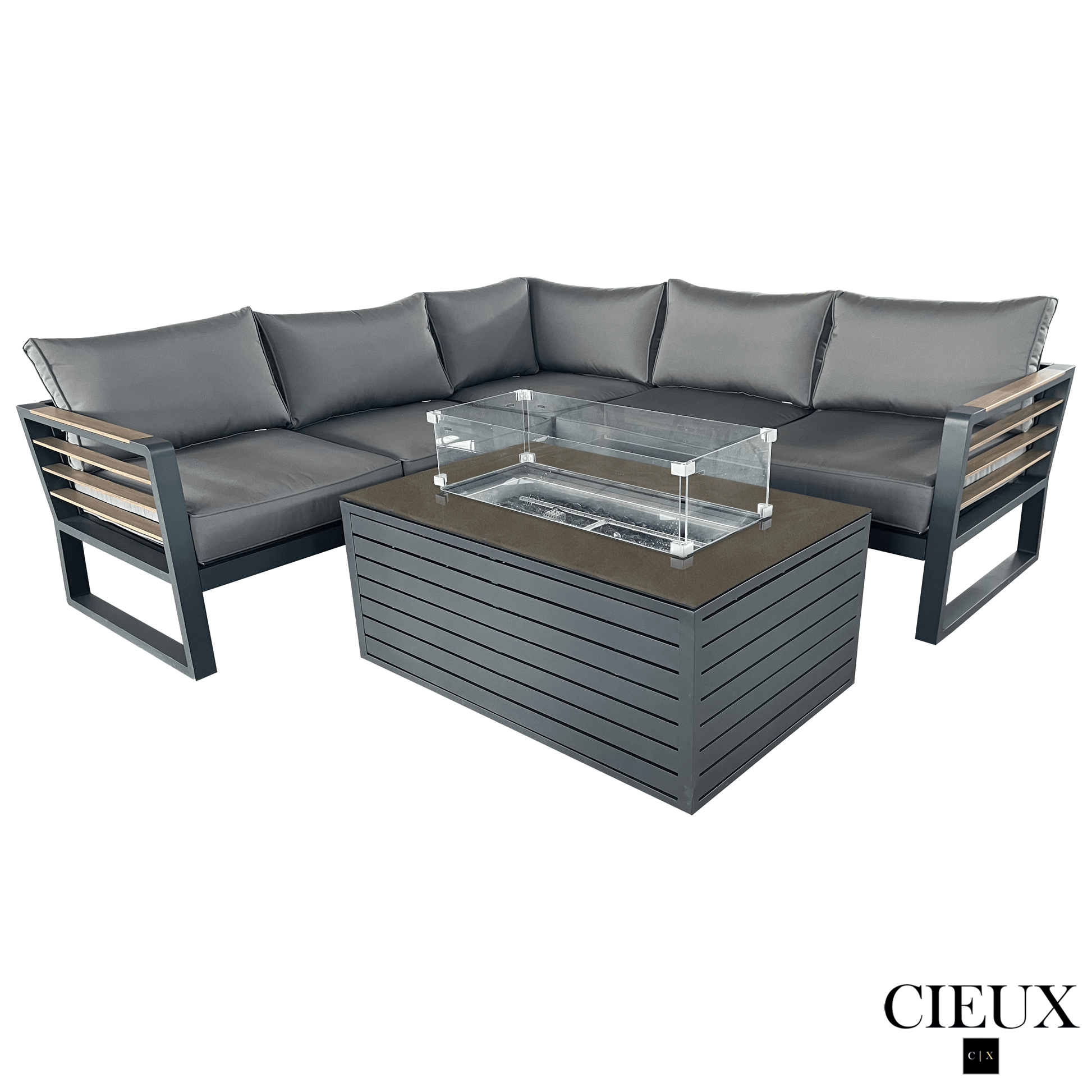 CIEUX Sectional Avignon 2 Piece Outdoor Patio Aluminum Metal Corner Sectional Sofa with Adjustable Seats Set and Annency Fire Pit Coffee Table in Midnight Grey with Sunbrella Cushions in Canvas Charcoal