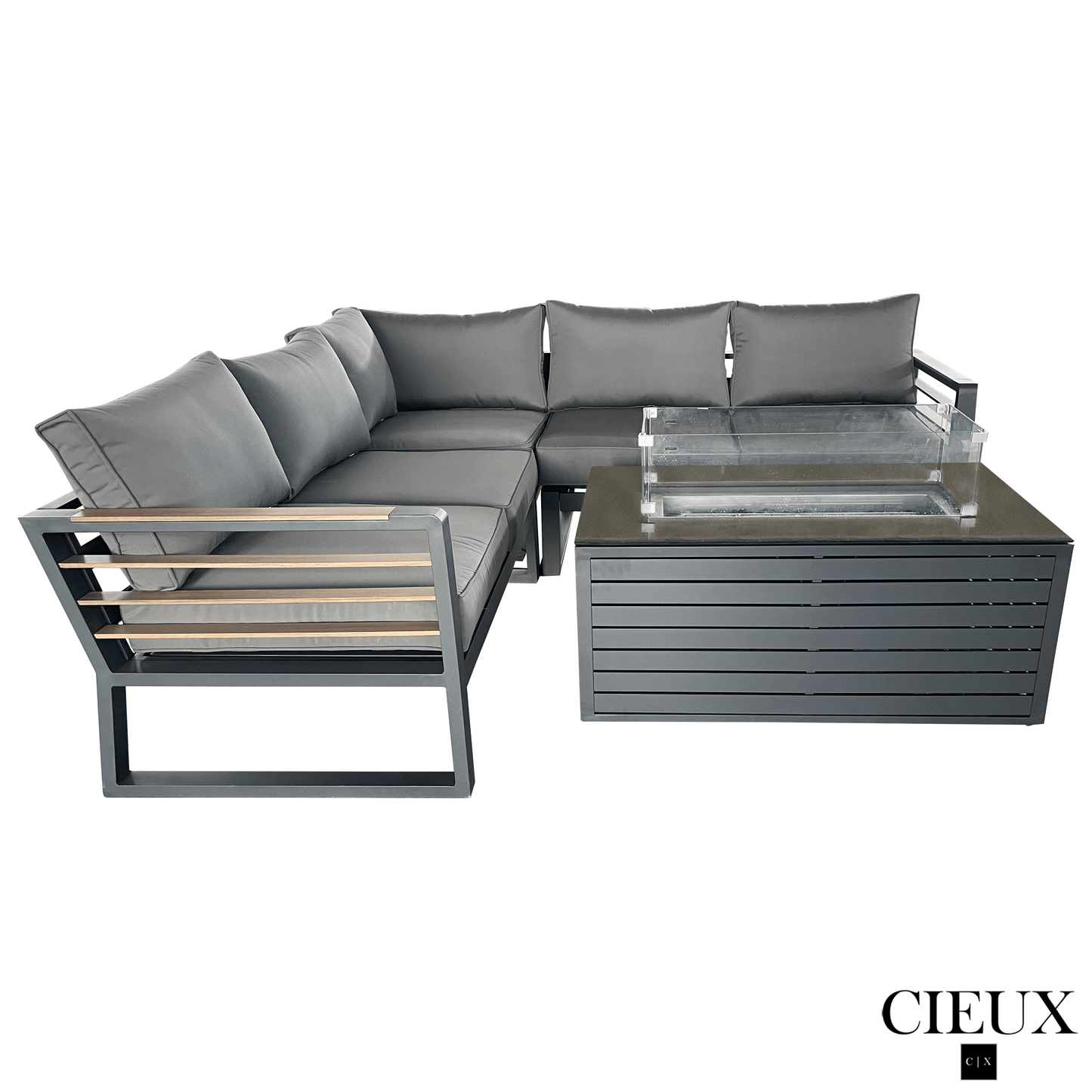CIEUX Sectional Avignon 2 Piece Outdoor Patio Aluminum Metal Corner Sectional Sofa with Adjustable Seats Set and Annency Fire Pit Coffee Table in Midnight Grey with Sunbrella Cushions in Canvas Charcoal