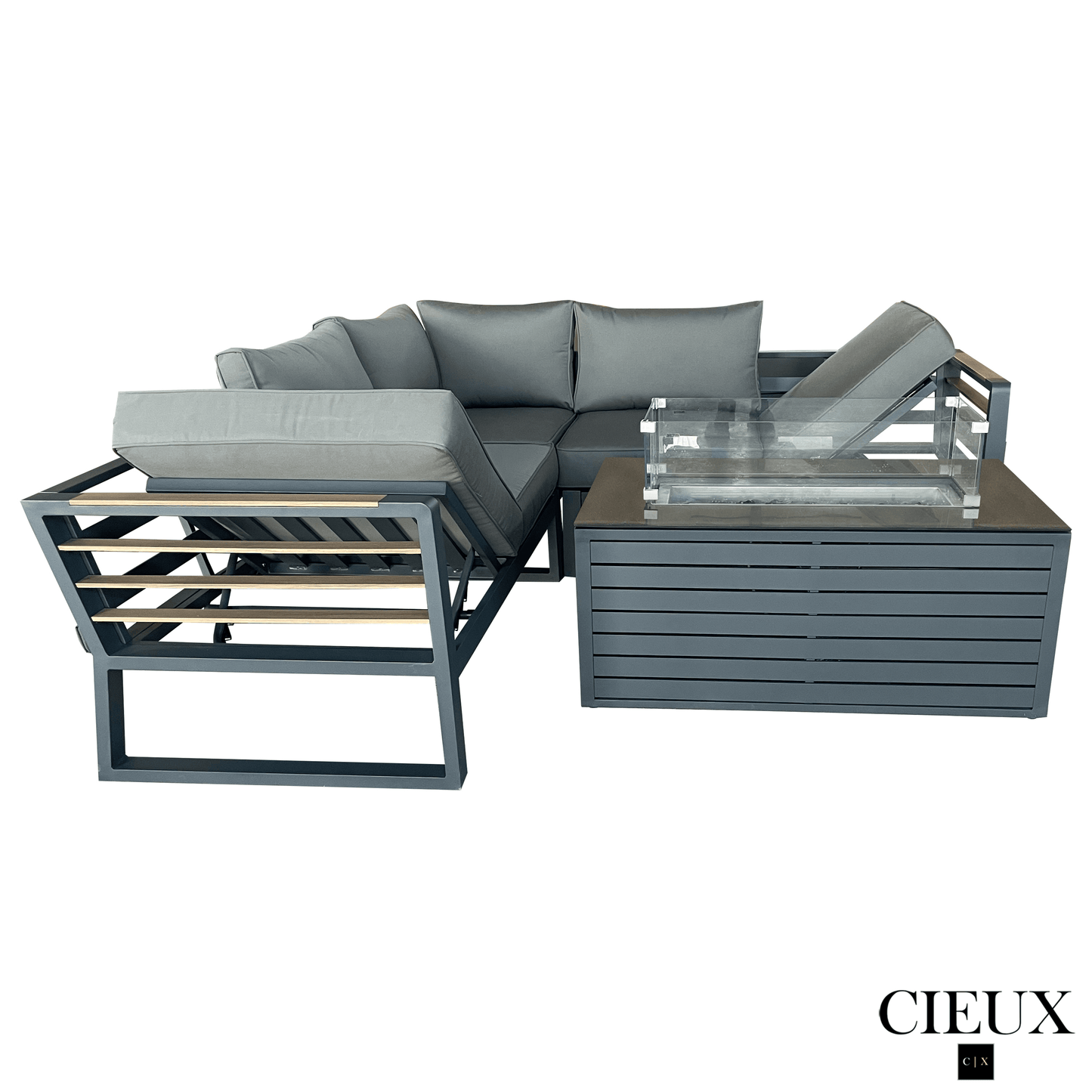CIEUX Sectional Avignon 2 Piece Outdoor Patio Aluminum Metal Corner Sectional Sofa with Adjustable Seats Set and Annency Fire Pit Coffee Table in Midnight Grey with Sunbrella Cushions in Canvas Charcoal