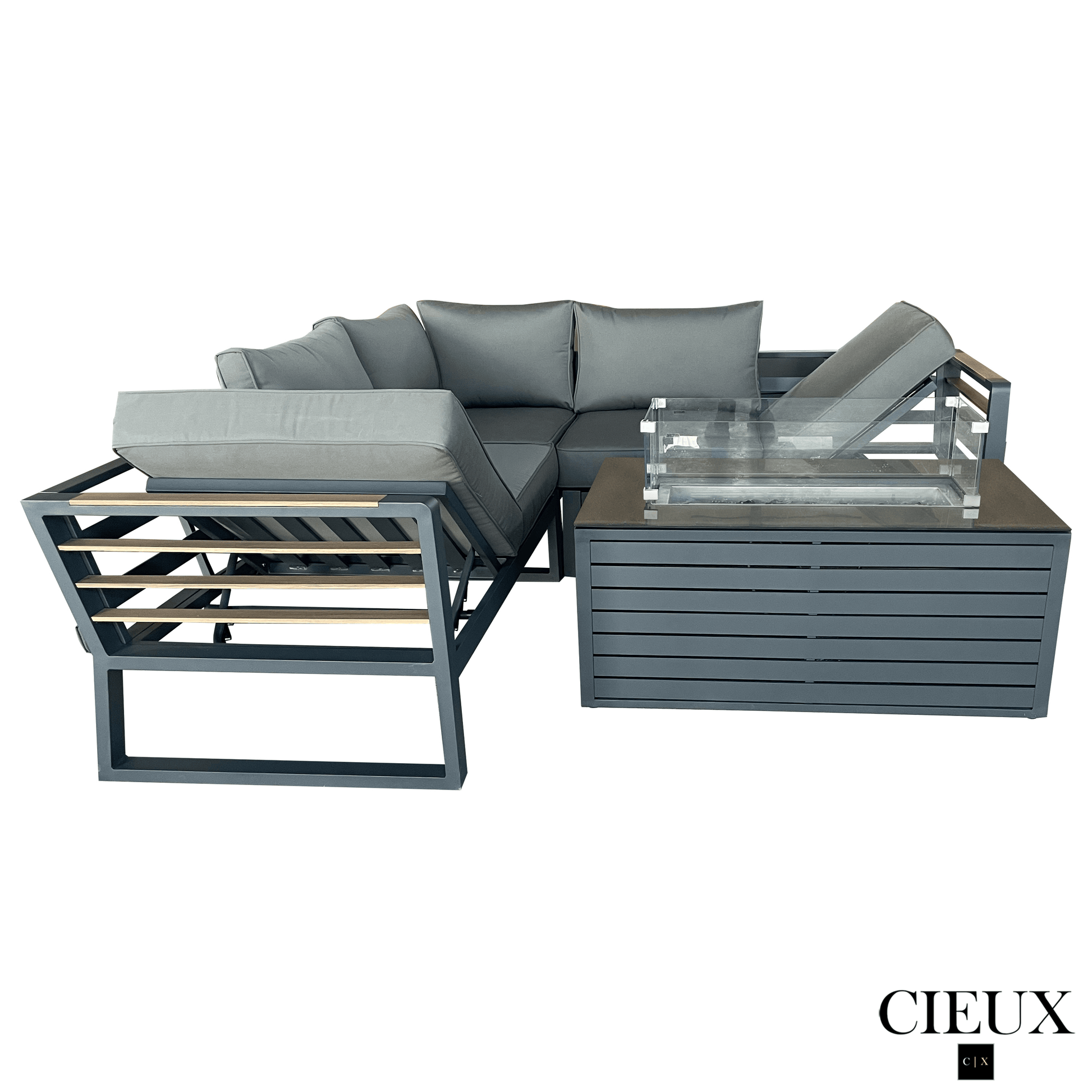 CIEUX Sectional Avignon 2 Piece Outdoor Patio Aluminum Metal Corner Sectional Sofa with Adjustable Seats Set and Annency Fire Pit Coffee Table in Midnight Grey with Sunbrella Cushions in Canvas Charcoal