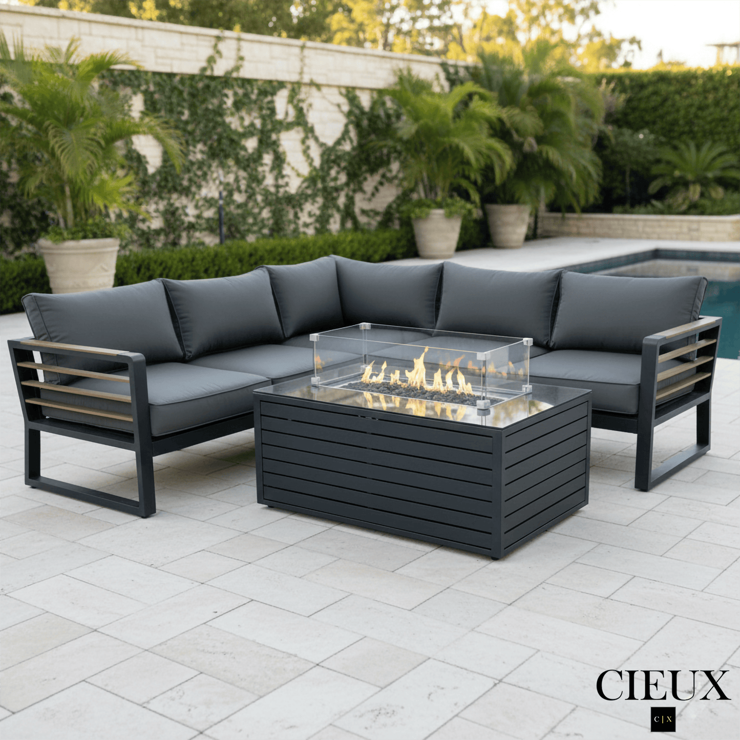 CIEUX Avignon 2 Piece Outdoor Patio Aluminum Metal Corner Sectional Sofa with Adjustable Seats Set and Annency Fire Pit Coffee Table in Midnight Grey with Sunbrella Cushions in Canvas Charcoal, image 1