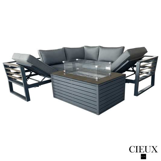 CIEUX Sectional Avignon 2 Piece Outdoor Patio Aluminum Metal Corner Sectional Sofa with Adjustable Seats Set and Annency Fire Pit Coffee Table in Midnight Grey with Sunbrella Cushions in Canvas Charcoal