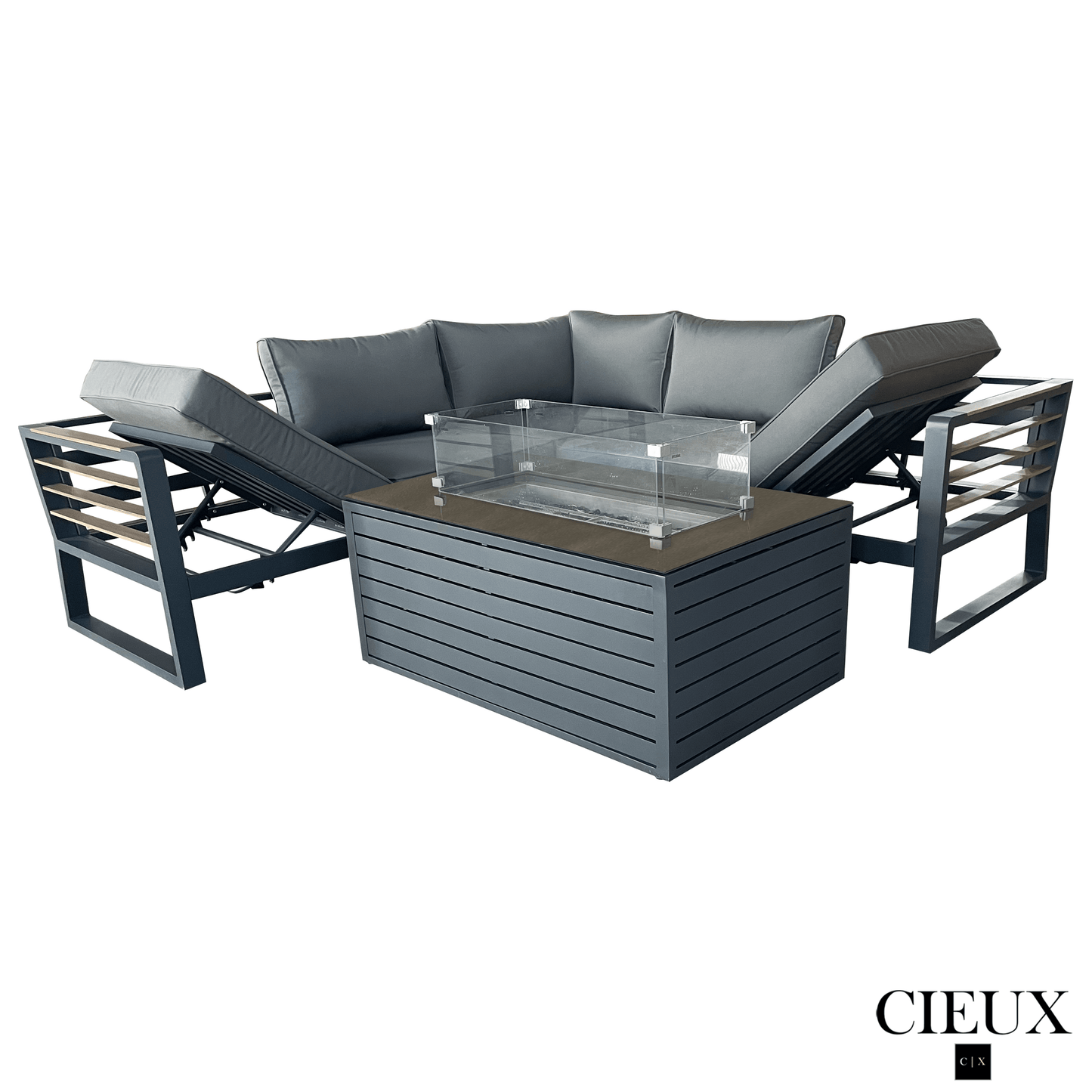 CIEUX Avignon 2 Piece Outdoor Patio Aluminum Metal Corner Sectional Sofa with Adjustable Seats Set and Annency Fire Pit Coffee Table in Midnight Grey with Sunbrella Cushions in Canvas Charcoal, image 2
