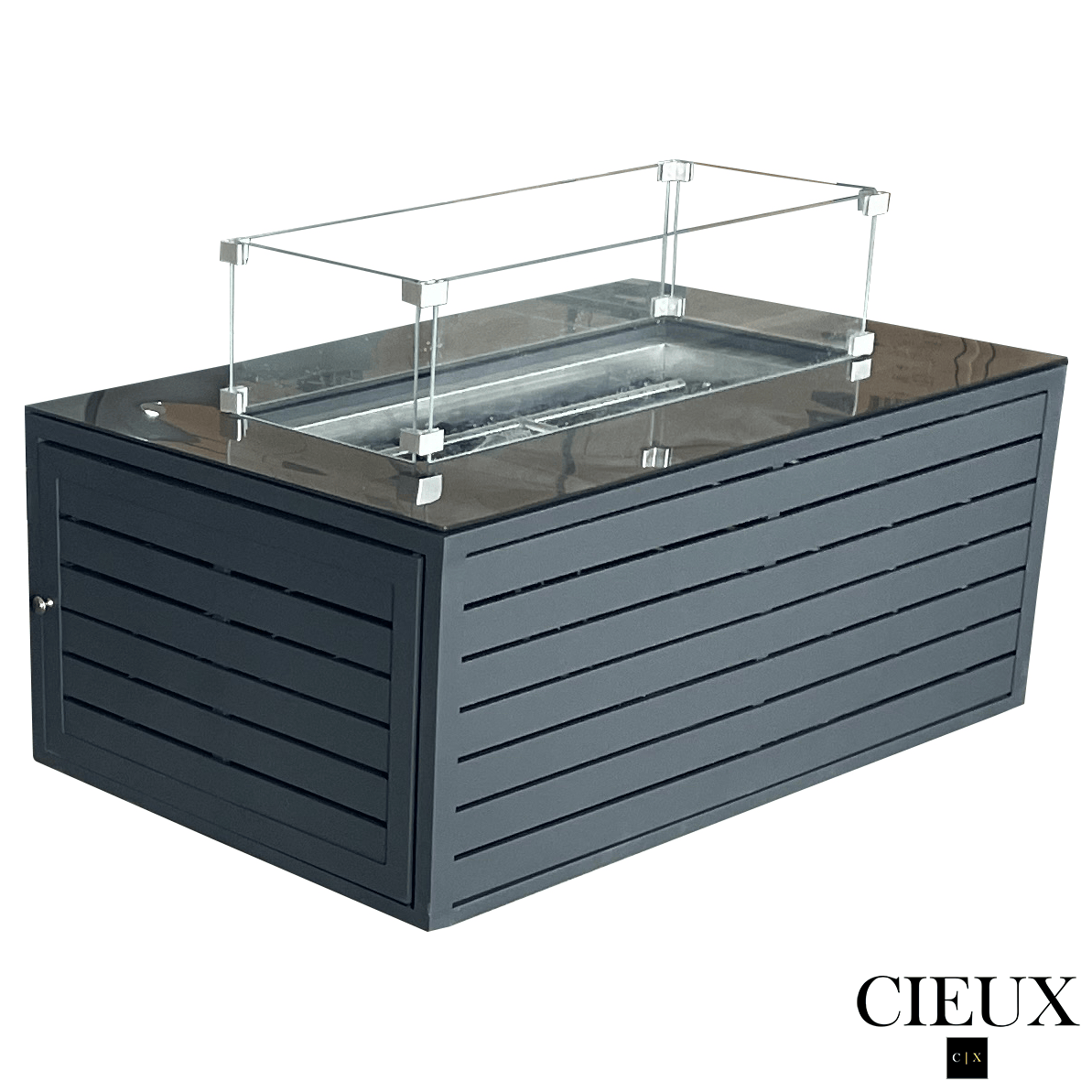 CIEUX Sectional Avignon 2 Piece Outdoor Patio Aluminum Metal Corner Sectional Sofa with Adjustable Seats Set and Annency Fire Pit Coffee Table in Midnight Grey with Sunbrella Cushions in Canvas Charcoal
