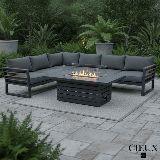 CIEUX Sectional Avignon 2 Piece Outdoor Patio Aluminum Metal L-Shaped Sectional Sofa with Adjustable Seats Set and Alsace Fire Pit Adjustable Height Table in Midnight Grey with Sunbrella Cushions in Canvas Charcoal