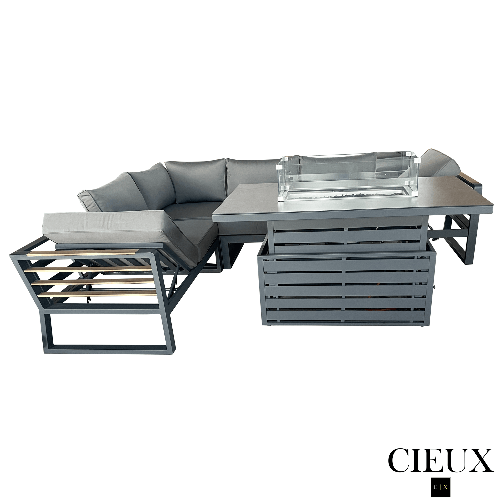 CIEUX Sectional Avignon 2 Piece Outdoor Patio Aluminum Metal L-Shaped Sectional Sofa with Adjustable Seats Set and Alsace Fire Pit Adjustable Height Table in Midnight Grey with Sunbrella Cushions in Canvas Charcoal