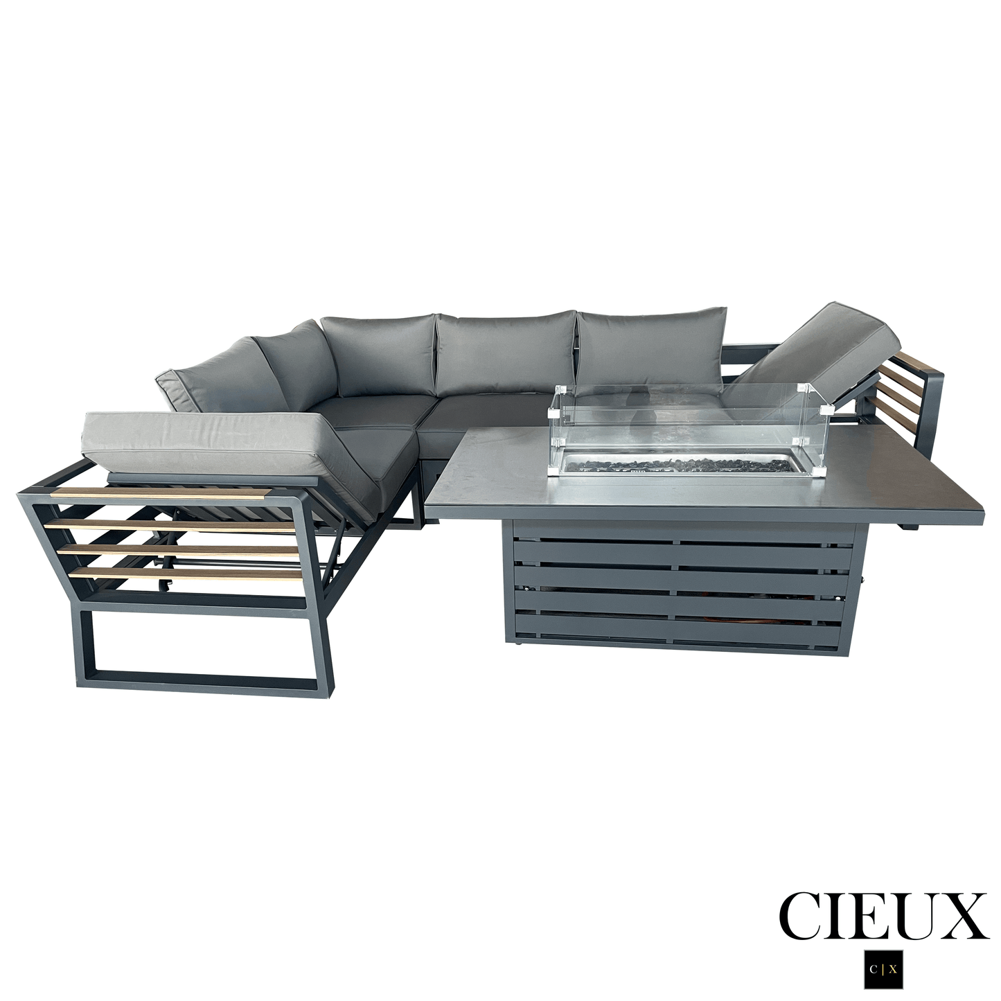 CIEUX Sectional Avignon 2 Piece Outdoor Patio Aluminum Metal L-Shaped Sectional Sofa with Adjustable Seats Set and Alsace Fire Pit Adjustable Height Table in Midnight Grey with Sunbrella Cushions in Canvas Charcoal