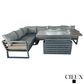 CIEUX Sectional Avignon 2 Piece Outdoor Patio Aluminum Metal L-Shaped Sectional Sofa with Adjustable Seats Set and Alsace Fire Pit Adjustable Height Table in Midnight Grey with Sunbrella Cushions in Canvas Charcoal