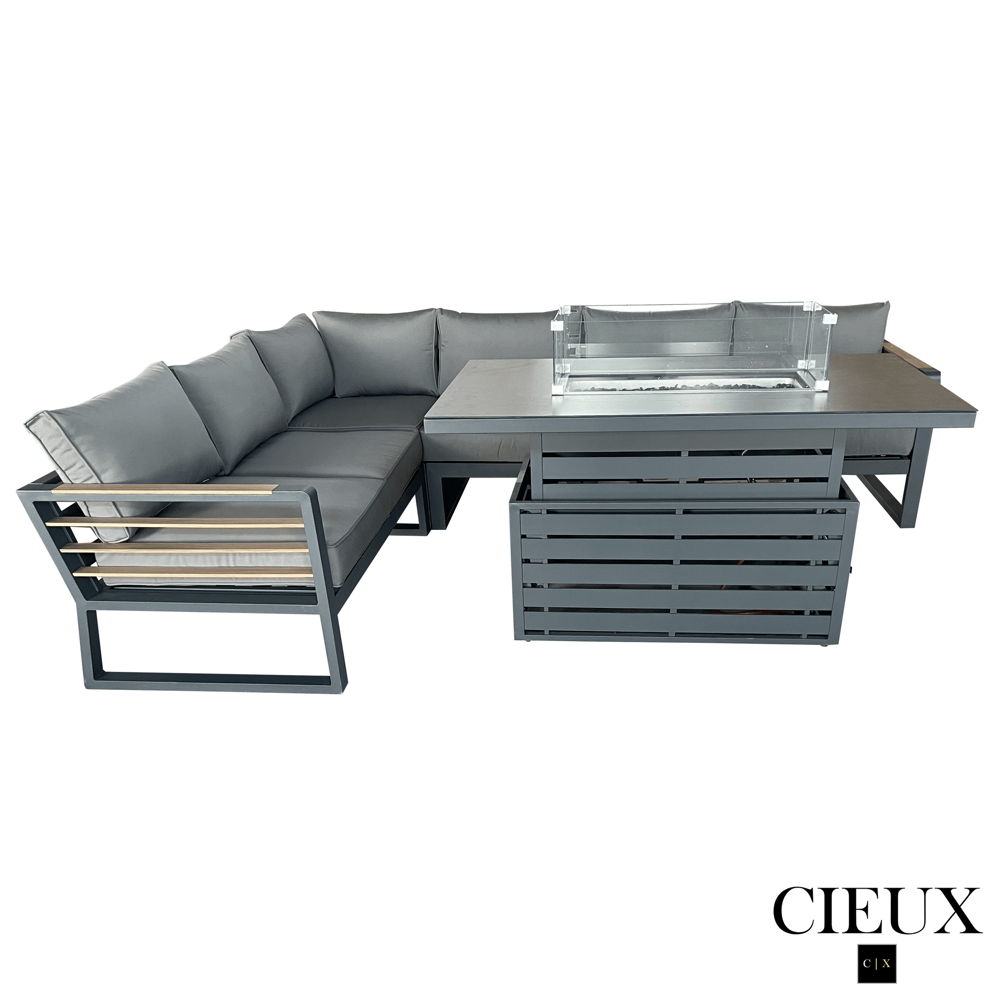 CIEUX Sectional Avignon 2 Piece Outdoor Patio Aluminum Metal L-Shaped Sectional Sofa with Adjustable Seats Set and Alsace Fire Pit Adjustable Height Table in Midnight Grey with Sunbrella Cushions in Canvas Charcoal