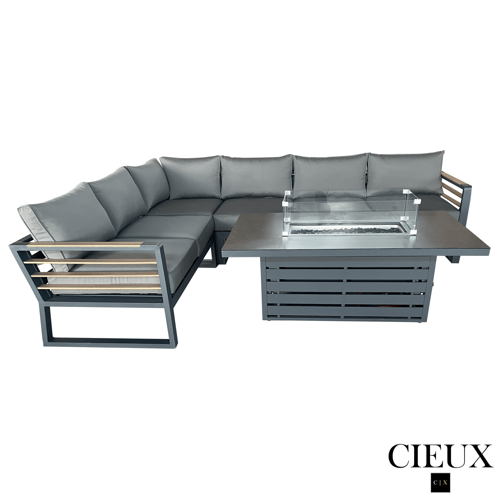 CIEUX Sectional Avignon 2 Piece Outdoor Patio Aluminum Metal L-Shaped Sectional Sofa with Adjustable Seats Set and Alsace Fire Pit Adjustable Height Table in Midnight Grey with Sunbrella Cushions in Canvas Charcoal
