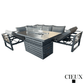 CIEUX Sectional Avignon 2 Piece Outdoor Patio Aluminum Metal L-Shaped Sectional Sofa with Adjustable Seats Set and Alsace Fire Pit Adjustable Height Table in Midnight Grey with Sunbrella Cushions in Canvas Charcoal