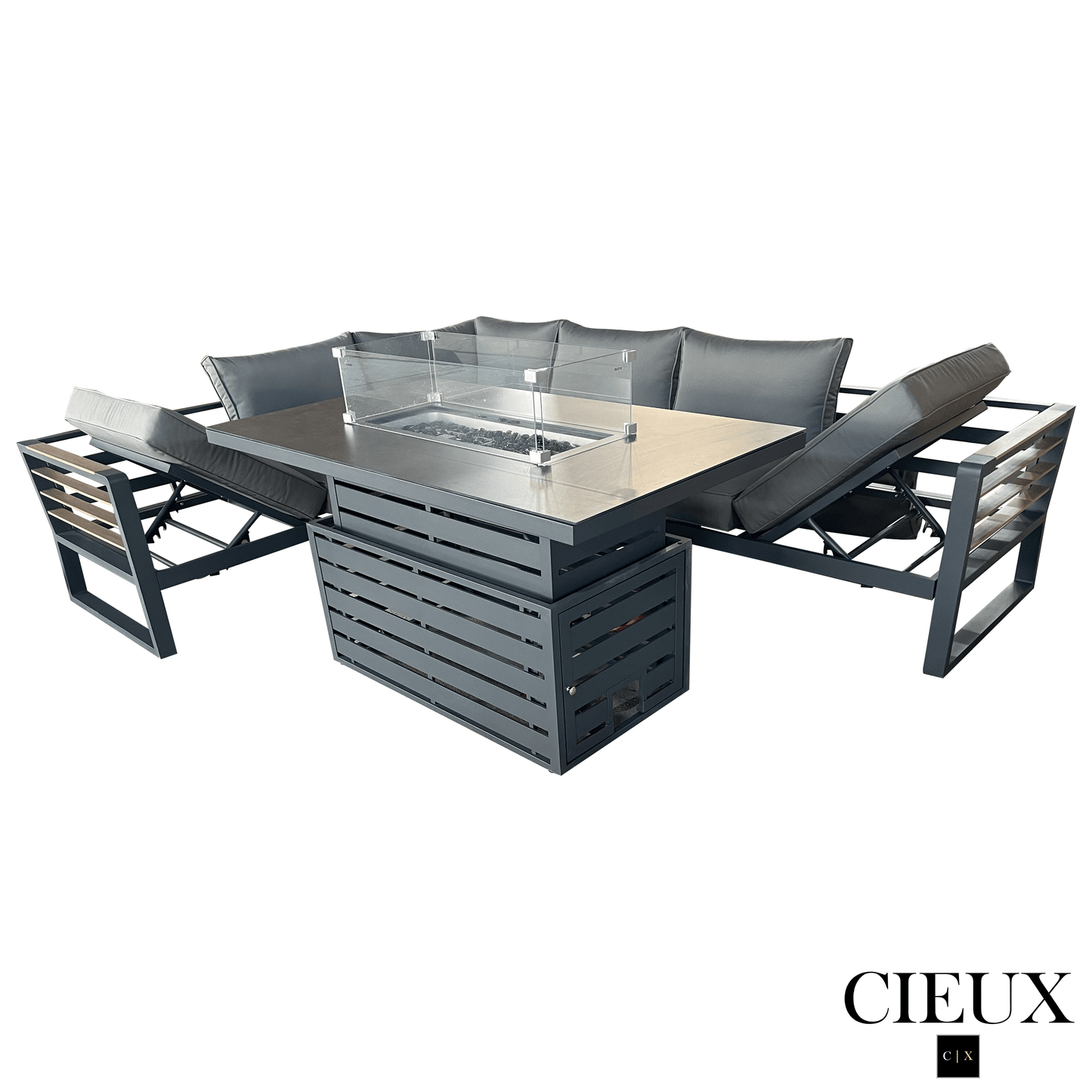 CIEUX Sectional Avignon 2 Piece Outdoor Patio Aluminum Metal L-Shaped Sectional Sofa with Adjustable Seats Set and Alsace Fire Pit Adjustable Height Table in Midnight Grey with Sunbrella Cushions in Canvas Charcoal
