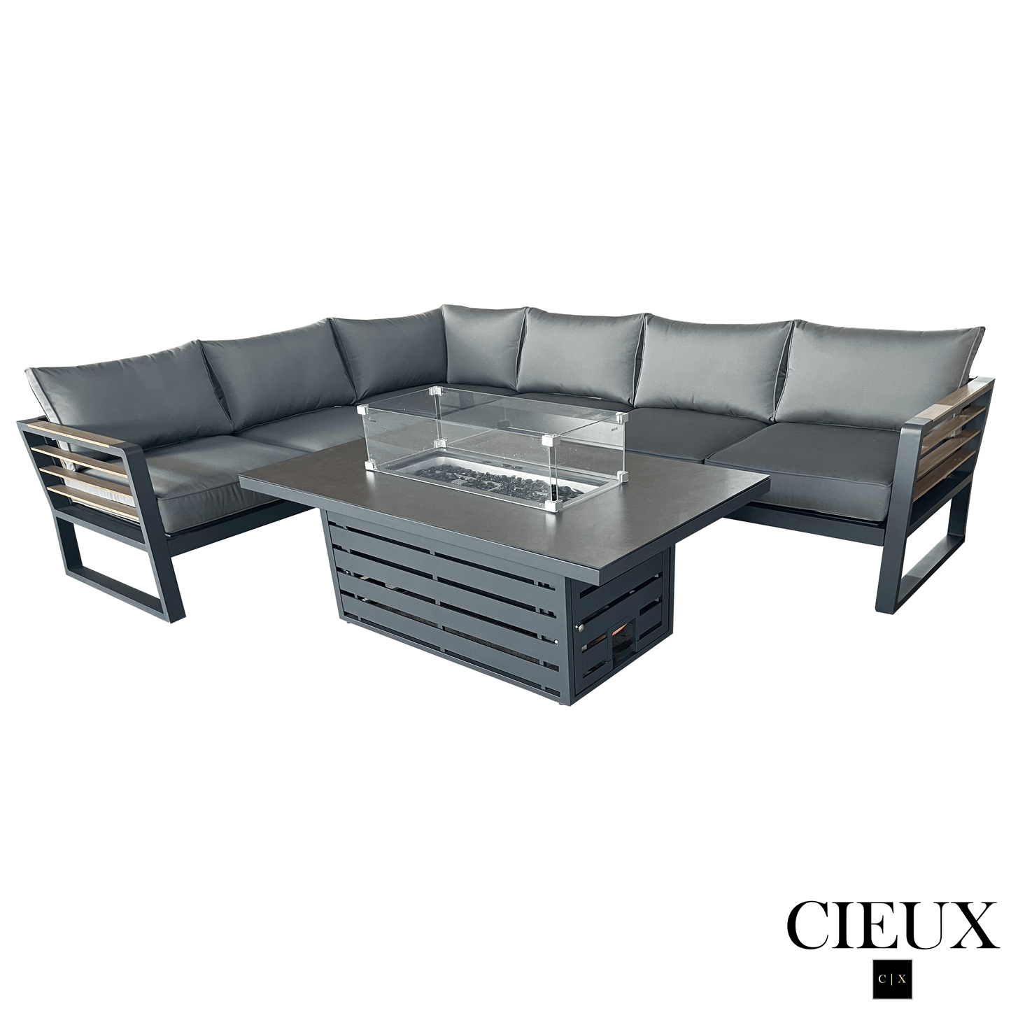 CIEUX Sectional Avignon 2 Piece Outdoor Patio Aluminum Metal L-Shaped Sectional Sofa with Adjustable Seats Set and Alsace Fire Pit Adjustable Height Table in Midnight Grey with Sunbrella Cushions in Canvas Charcoal