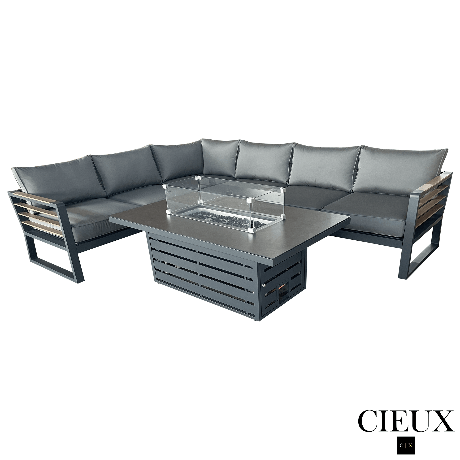 CIEUX Sectional Avignon 2 Piece Outdoor Patio Aluminum Metal L-Shaped Sectional Sofa with Adjustable Seats Set and Alsace Fire Pit Adjustable Height Table in Midnight Grey with Sunbrella Cushions in Canvas Charcoal