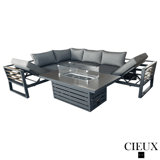 CIEUX Sectional Avignon 2 Piece Outdoor Patio Aluminum Metal L-Shaped Sectional Sofa with Adjustable Seats Set and Alsace Fire Pit Adjustable Height Table in Midnight Grey with Sunbrella Cushions in Canvas Charcoal