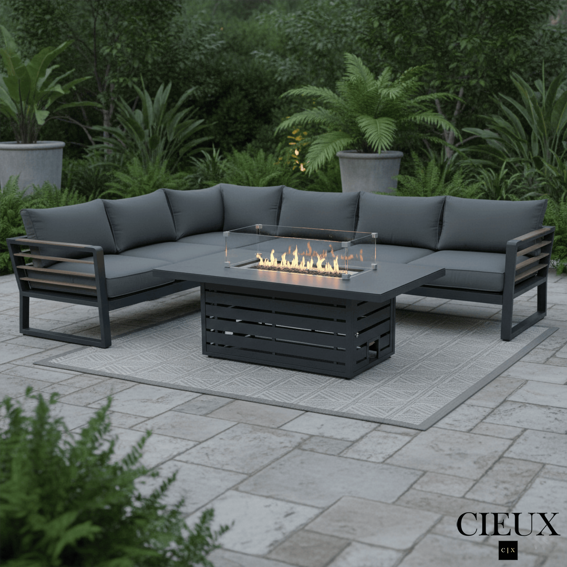 CIEUX Avignon 2 Piece Outdoor Patio Aluminum Metal L Shaped Sectional Sofa with Adjustable Seats Set and Alsace Fire Pit Adjustable Height Table in Midnight Grey with Sunbrella Cushions in Canvas Charcoal, image 1