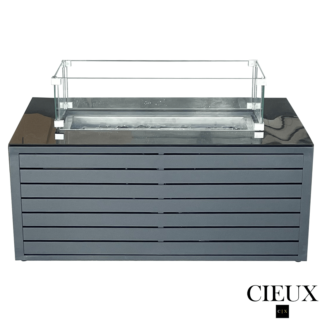 CIEUX Sectional Avignon 2 Piece Outdoor Patio Aluminum Metal L-Shaped Sectional Sofa with Adjustable Seats Set and Annency Fire Pit Coffee Table in Midnight Grey with Sunbrella Cushions in Canvas Charcoal