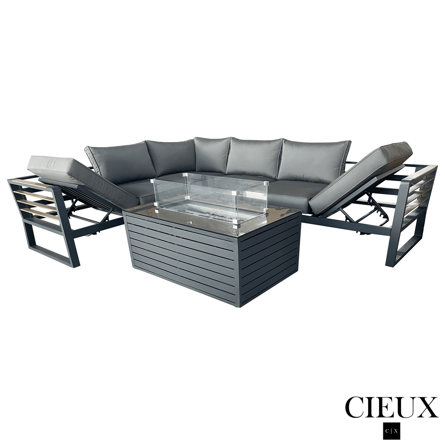CIEUX Sectional Avignon 2 Piece Outdoor Patio Aluminum Metal L-Shaped Sectional Sofa with Adjustable Seats Set and Annency Fire Pit Coffee Table in Midnight Grey with Sunbrella Cushions in Canvas Charcoal