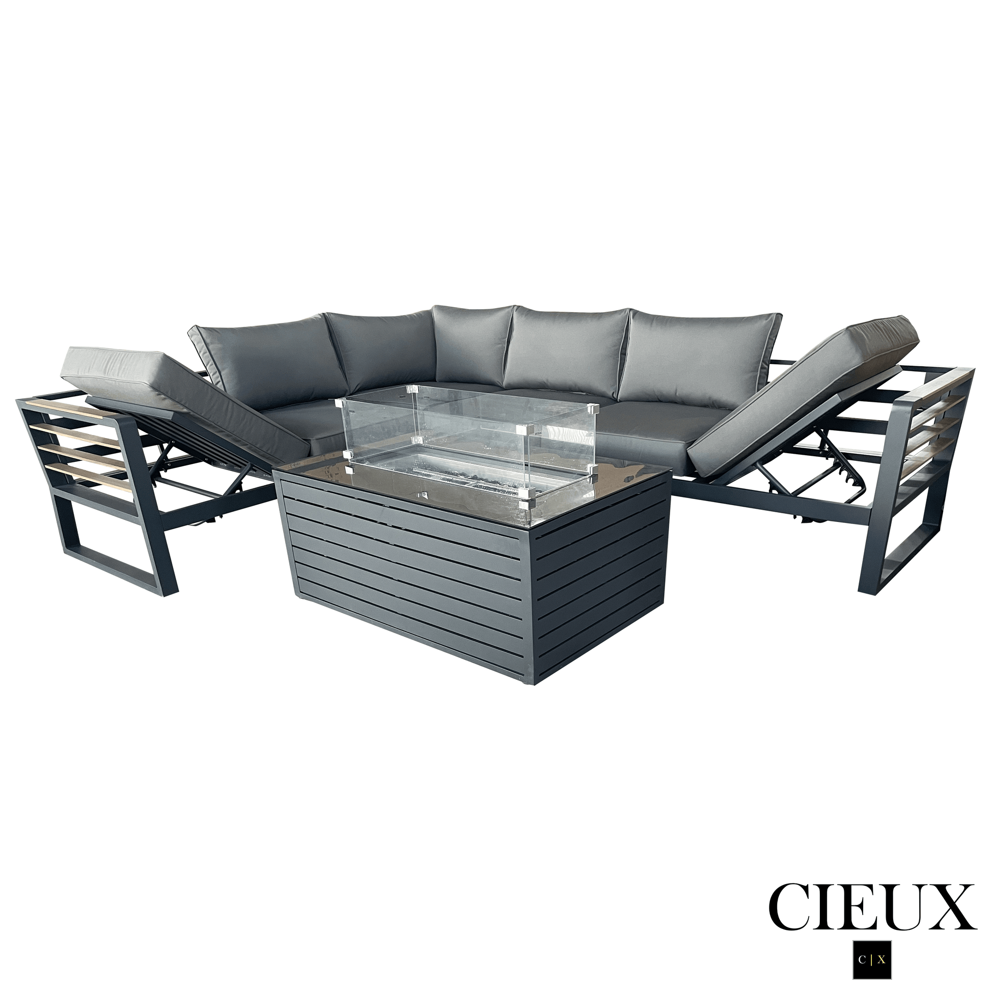 CIEUX Sectional Avignon 2 Piece Outdoor Patio Aluminum Metal L-Shaped Sectional Sofa with Adjustable Seats Set and Annency Fire Pit Coffee Table in Midnight Grey with Sunbrella Cushions in Canvas Charcoal