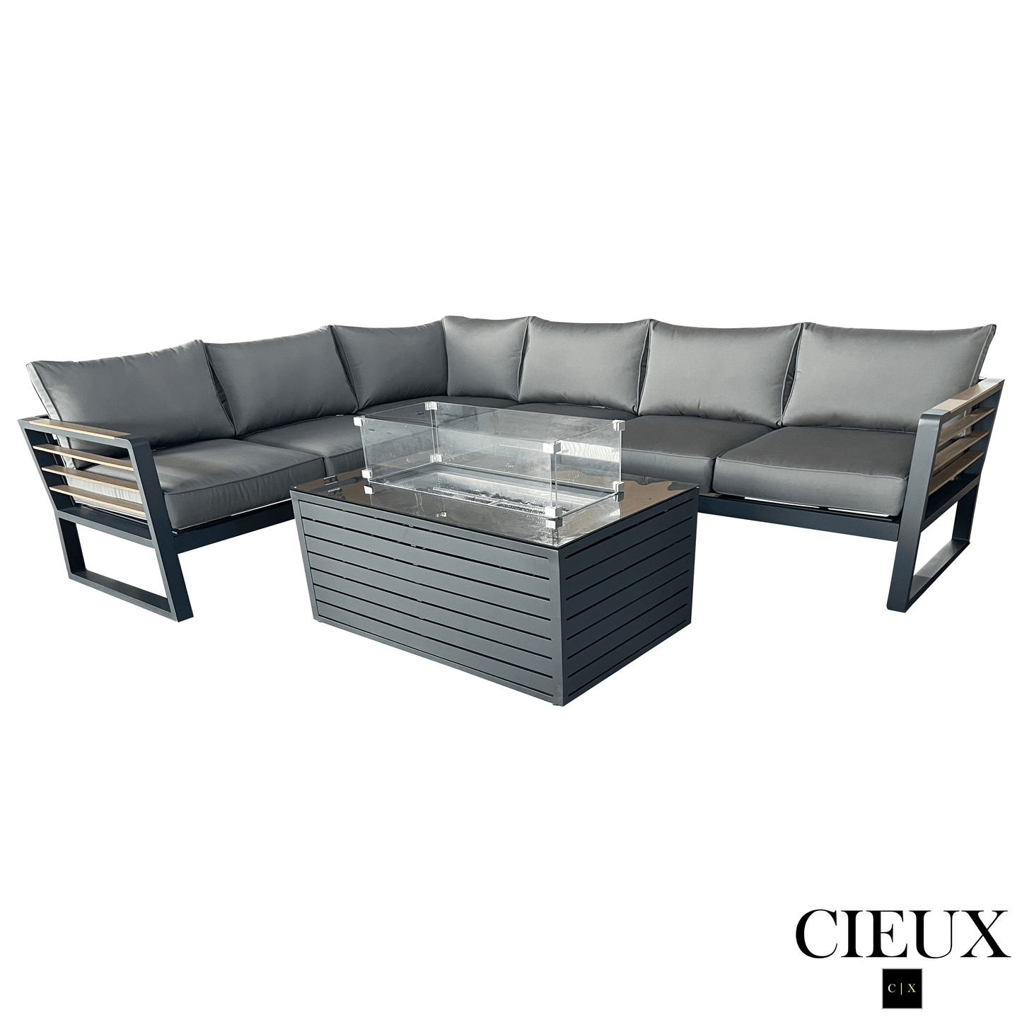 CIEUX Avignon 2 Piece Outdoor Patio Aluminum Metal L Shaped Sectional Sofa with Adjustable Seats Set and Annency Fire Pit Coffee Table in Midnight Grey with Sunbrella Cushions in Canvas Charcoal, image 3